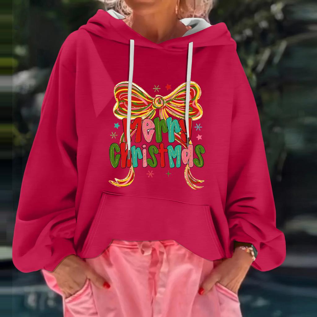 Women's Christmas Print Loose Casual Long Sleeve Hooded Sweatshirt