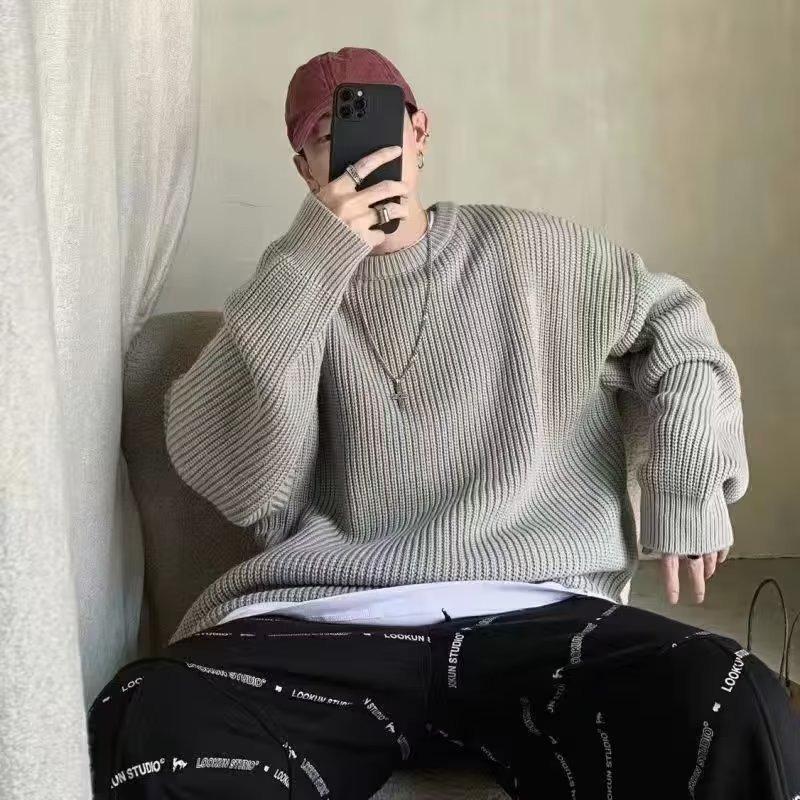 Men S Solid Color Round Neck Loose Long Sleeve Casual Knit Sweater
