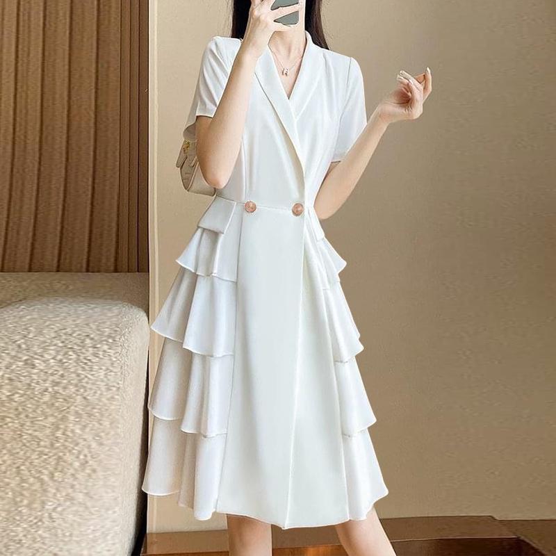 ZANZEA Women Casual Turn Down Collar Loose Short Sleeve Elegant Ruffles Dress M белый