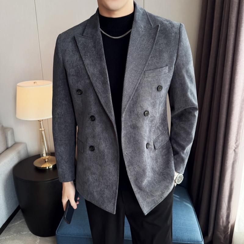 Men's Peak Lapel Blazer Corduroy Double Breasted for Wedding Formal Wear Jacket