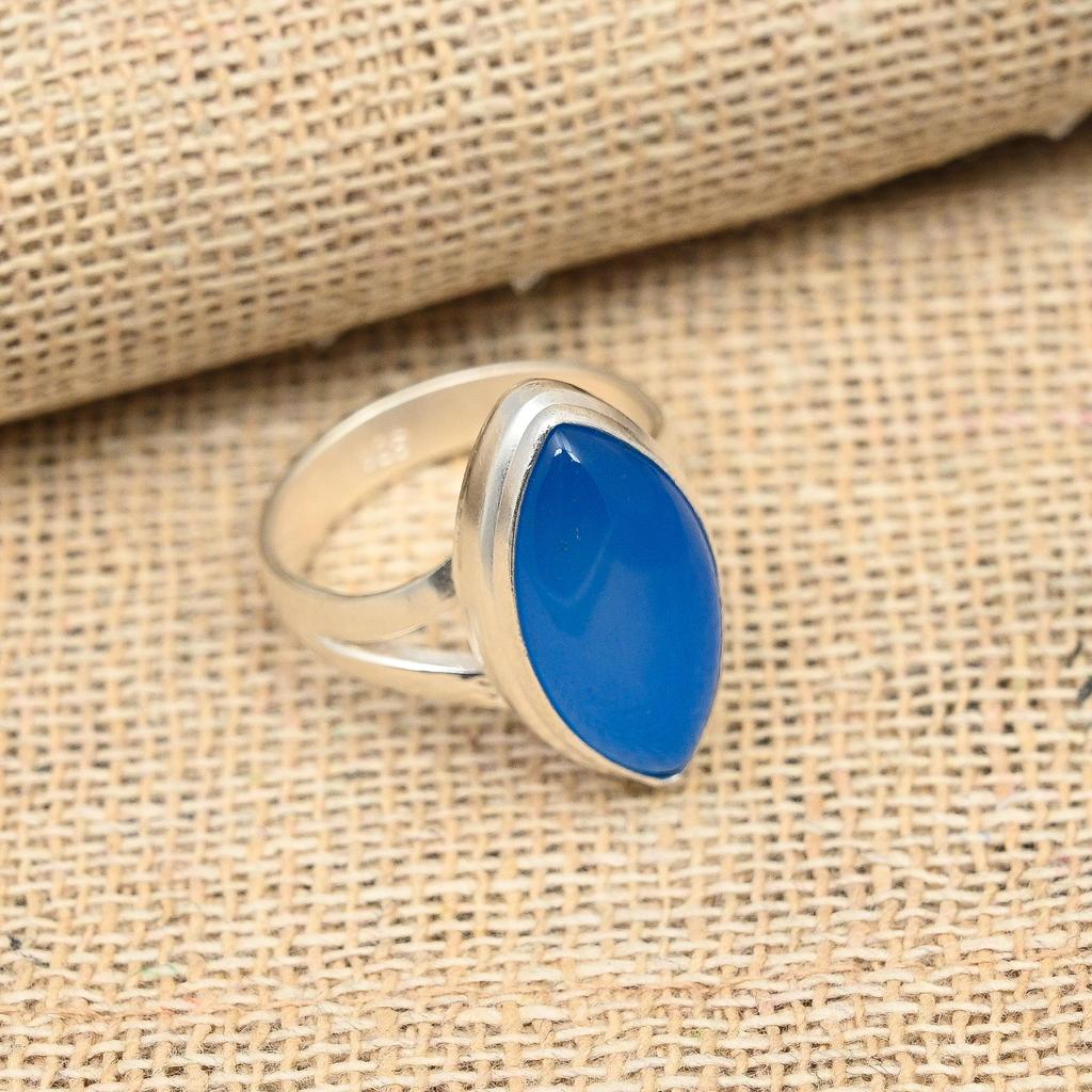 Blauer Chalcedon-Edelstein, handgefertigter Ring aus 925er Sterlingsilber, Schmuck für Frauen