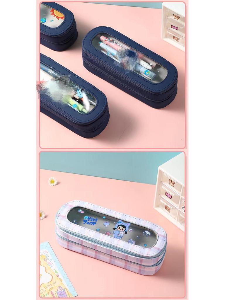 Large Capacity Transparent Cartoon Pencil Case for Girls with Double-Layer Design, Ideal for Elementary School Students