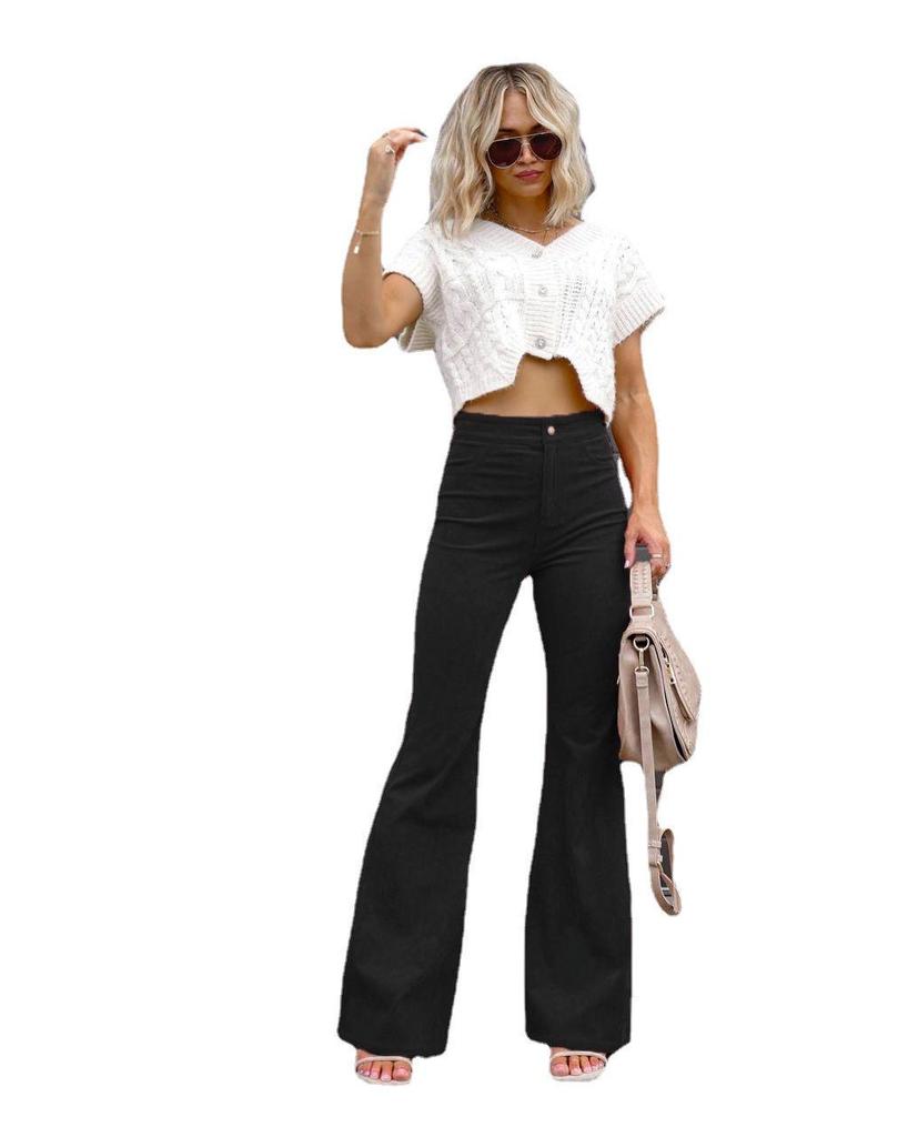 2025 Winter Women's High Waist Flare Corduroy Pants - Solid Color, Elegant and Casual Style