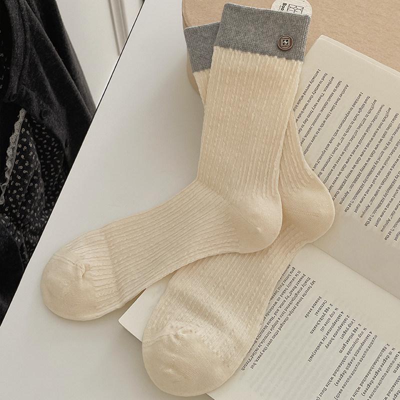 

Korean Dongdaemun Color Block Mid-Calf Socks - Women s Spring Retro Ruffle Design One Size (35-40) бежевый