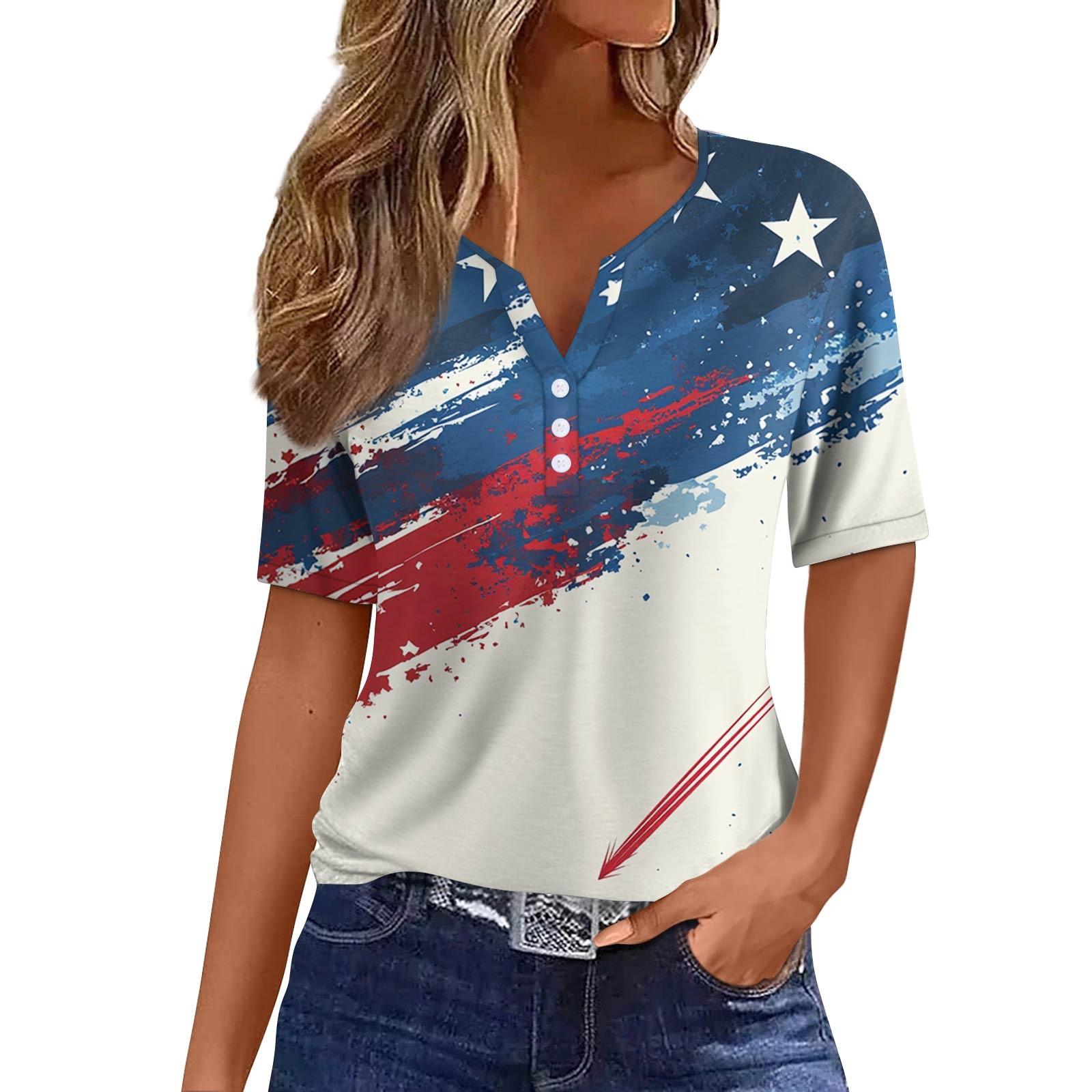 

Женская мода повседневная кофта с принтом «День независимости» с V-образным вырезом и короткими рукавами на пуговицах XL белый