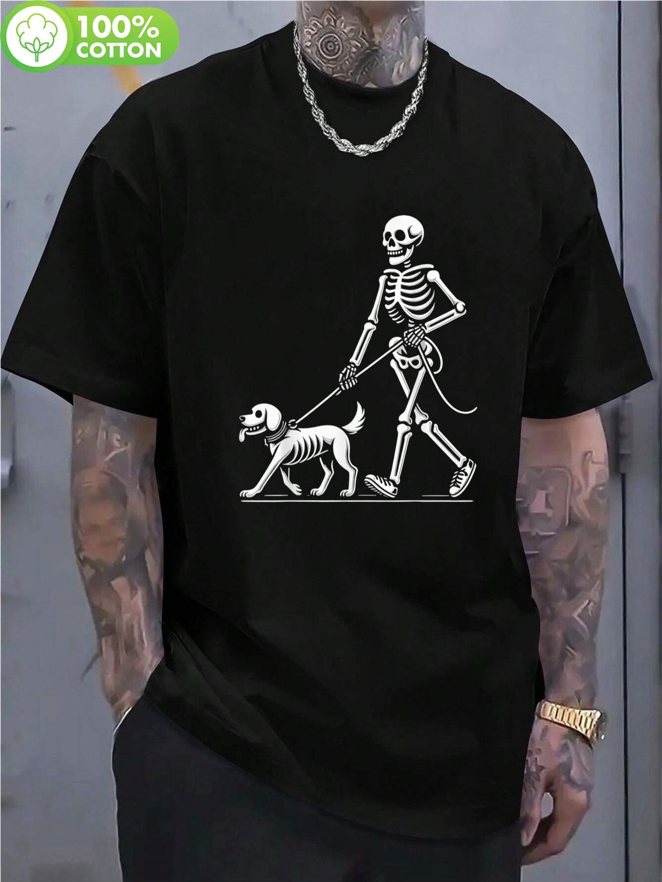 Funny Skeleton Walking Dog Halloween TShirt  Black with White Skeleton Graphic  Crew Neck Short Sleeve Tee  Costume Party S