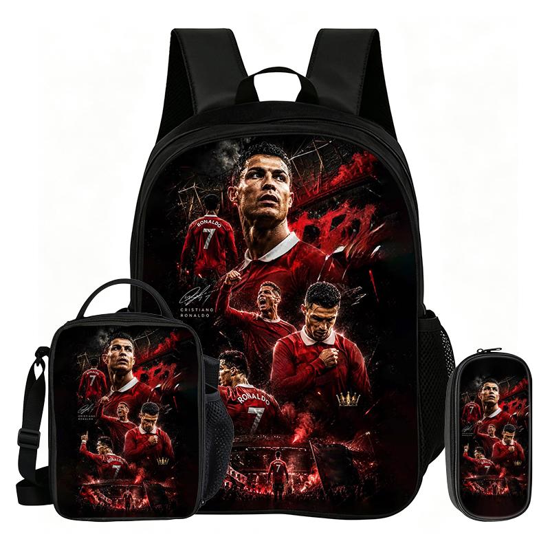 Ronaldo 3Pcs Set School Backpack Football Sport Backpack,Pencil Bags,with Lunch bag,Football Star Bookbag Knapsack