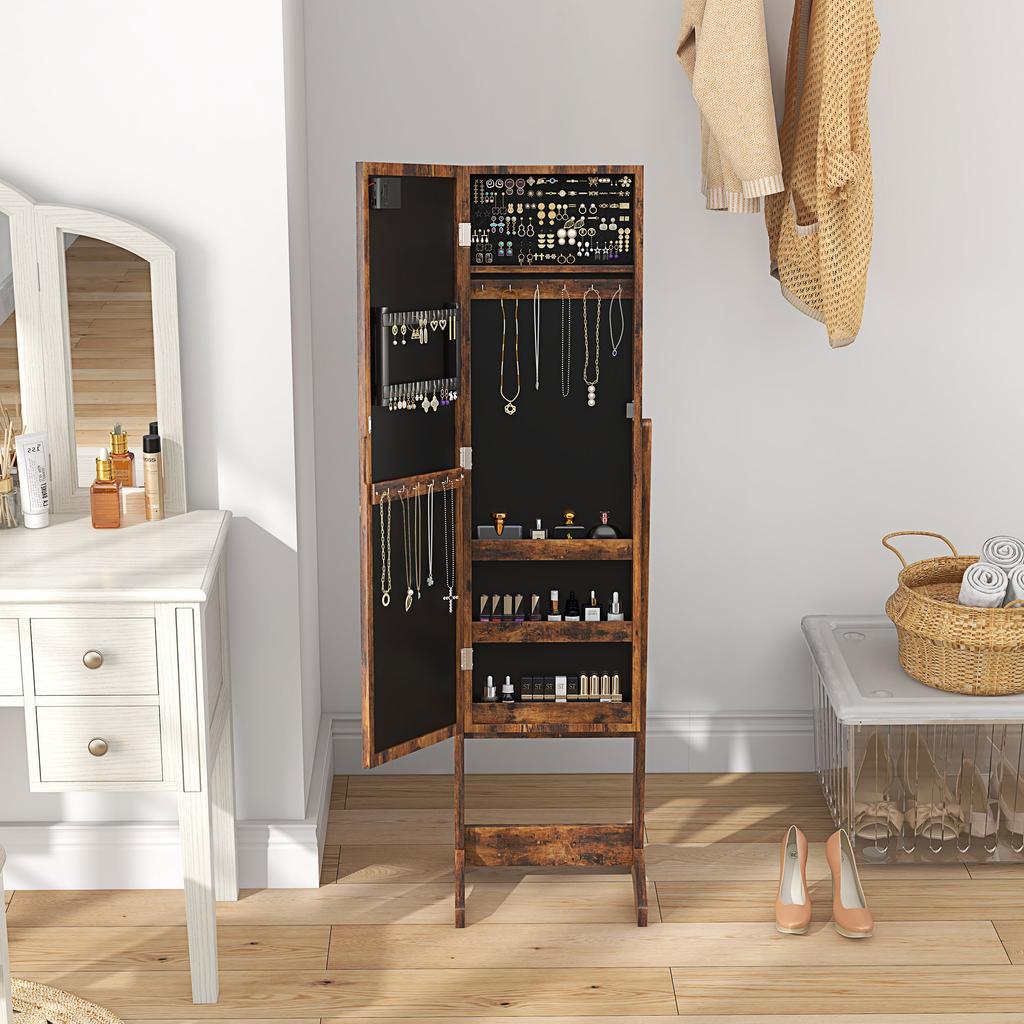 Freestanding Jewelry Cabinet with Mirror, Multiple Compartments, LED Lighting, Rustic Brown
