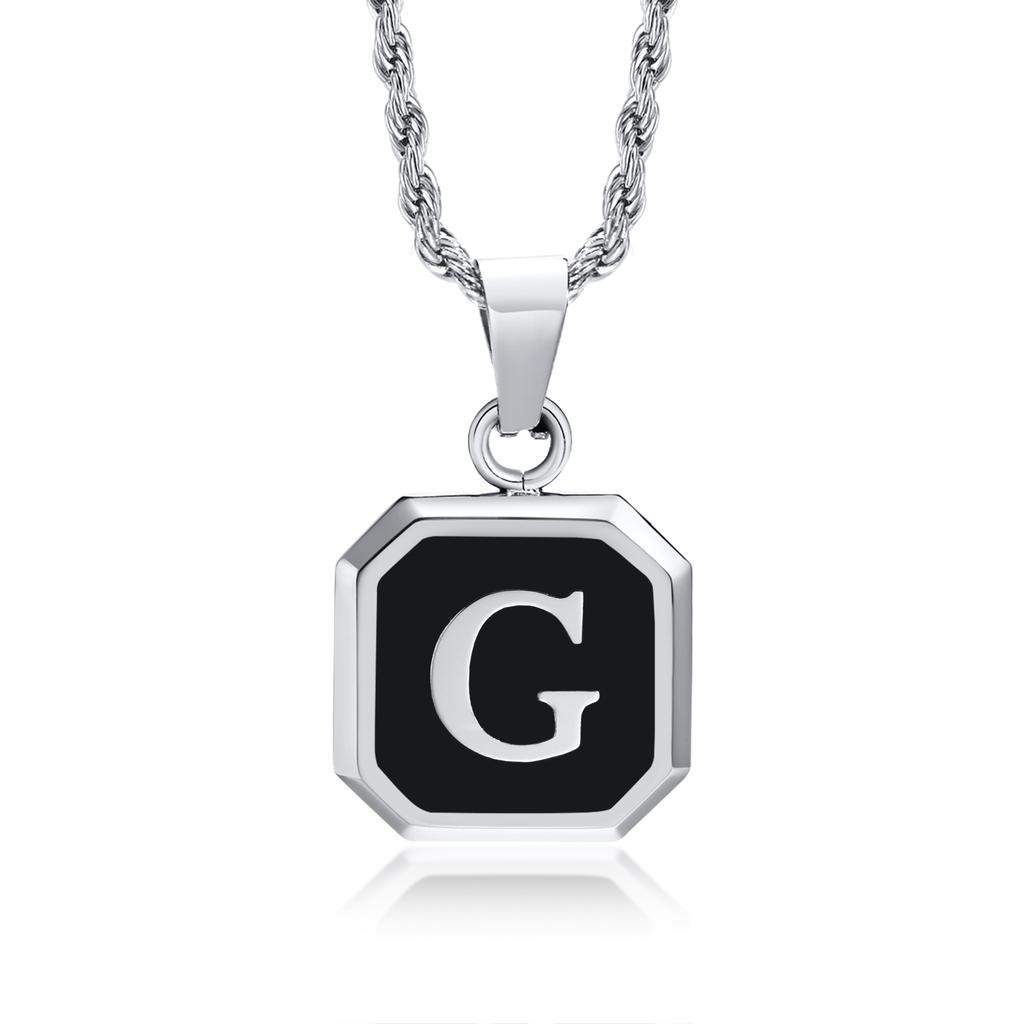 Initials Necklaces for Men Women,A-Z 26 Letters Black Square Stainless Steel Pendant Collar,45-60CM Twisted Rope Chain Gifts