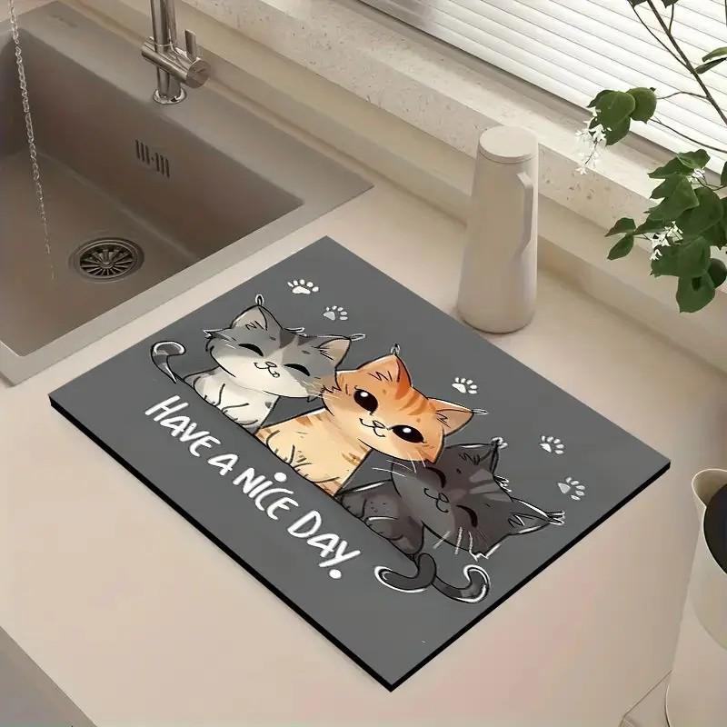 

Красочный кошачий принт Кухонный коврик для сушки Впитывающий Быстросохнущий Нескользящий Коврик для посуды для тарелок Многоцелевой Домашний декор, Коврик для сушки посуды 20x30cm