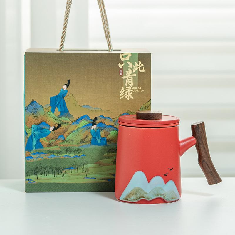 Ceramic Tea Water Separation Tea Cup Office Cup Mug High Value Cup Wooden Handle Water Cup Tea Cup Gift