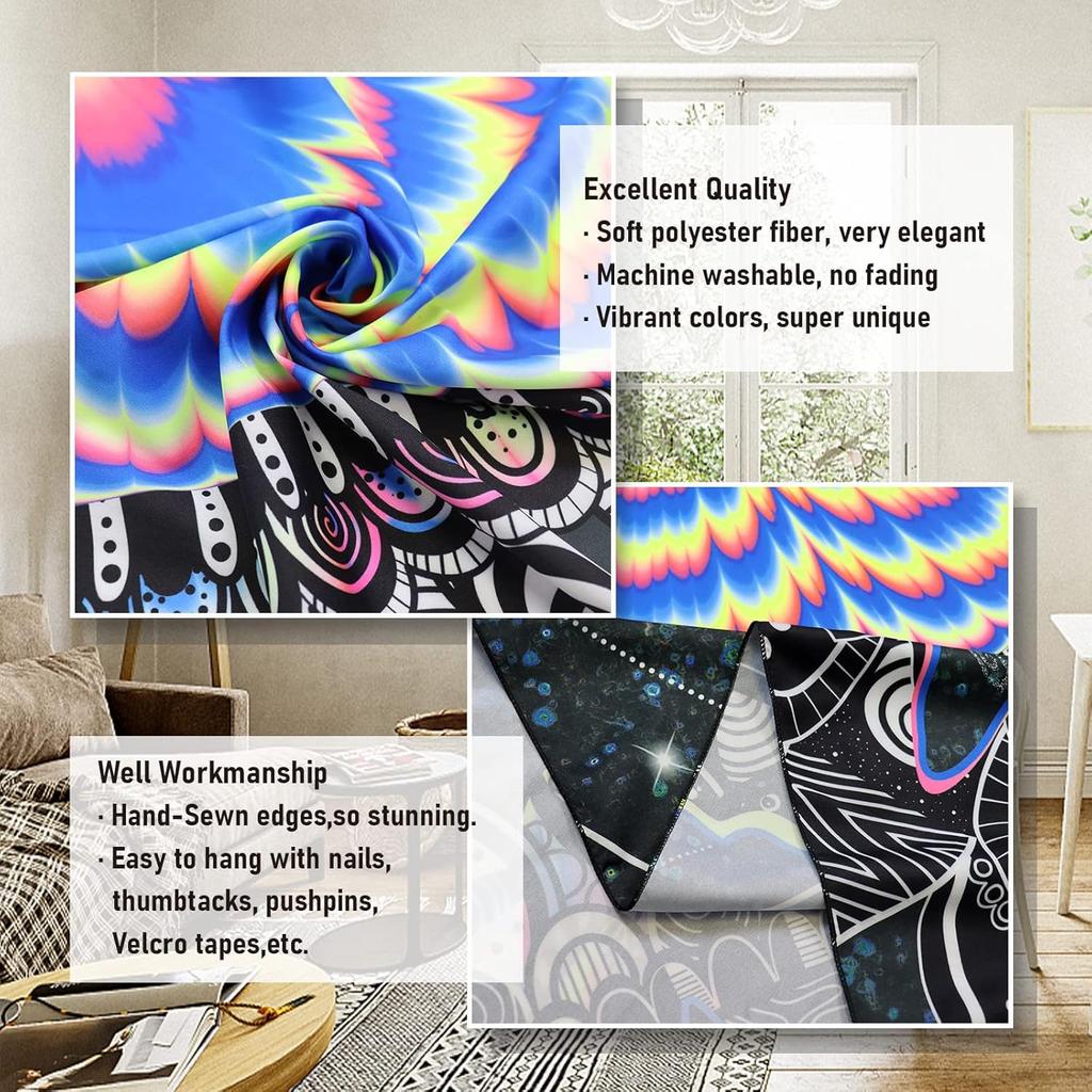 Amonercvita Blacklight Tapestry Trippy Mandala Tapestries UV Reactive Galaxy Stars Tapestry Psychedelic Neon Tapestries Wall Hanging Hippie Black