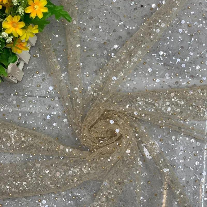 Luxury 3D Sequined Beaded Mesh Embroidered Lace Fabric Handmade Wedding Dress DIY Accessories Width 130cm 1Meter