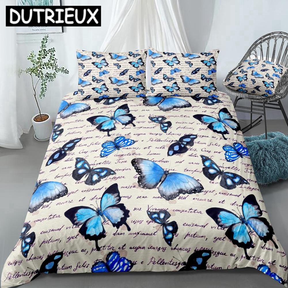 

Blue Butterflies Duvet Cover Set 3 Pieces Hand Written Text Note Bedding Kids Boys Girls Animal Quilt Cover Queen Dropship (135x200cm)