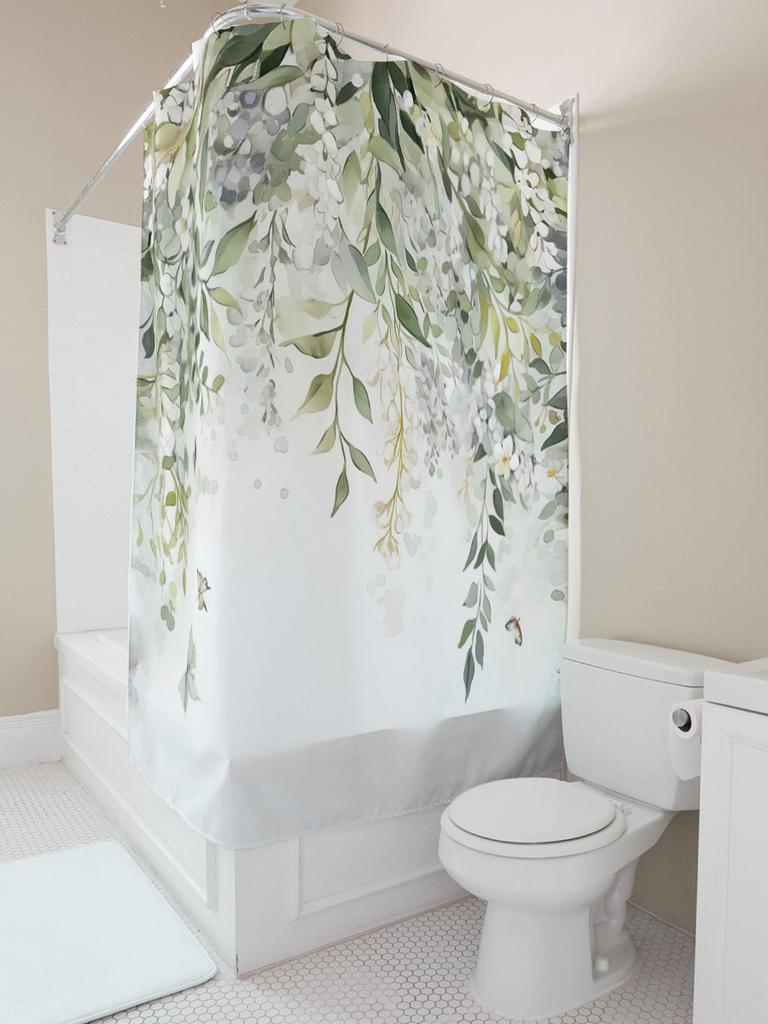 Charming White Flowers and Green Leaves Shower Curtain for Modern Bathroom Decor Waterproof Fabric with Hooks Enhances HomeStyle