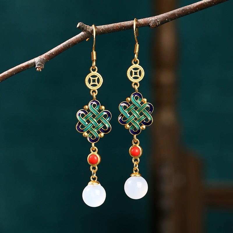 Gold Plated Imitation Jade Earrings For Women, Exquisite Long Style, Niche Design, Antique Style Jewelry Gift
