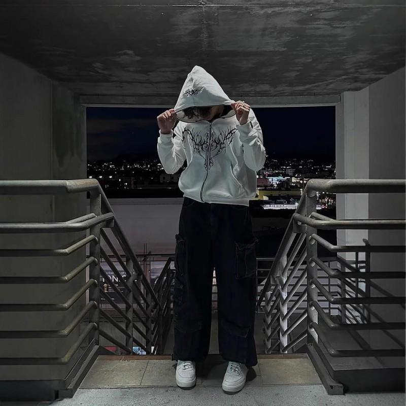 Felpa con zip Y2K Gotica Streetwear Retro Vestibilità Larga Unisex