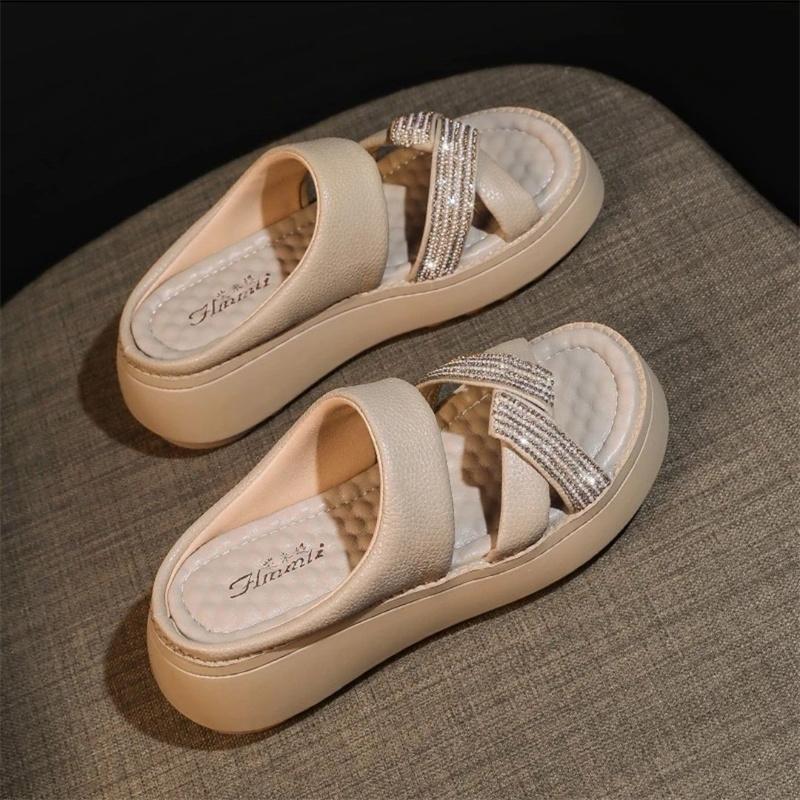 thick-soled soft leather rhinestone slippers for women to wear outside summer 2025 new high-end fashion versatile lazy women cool slippers