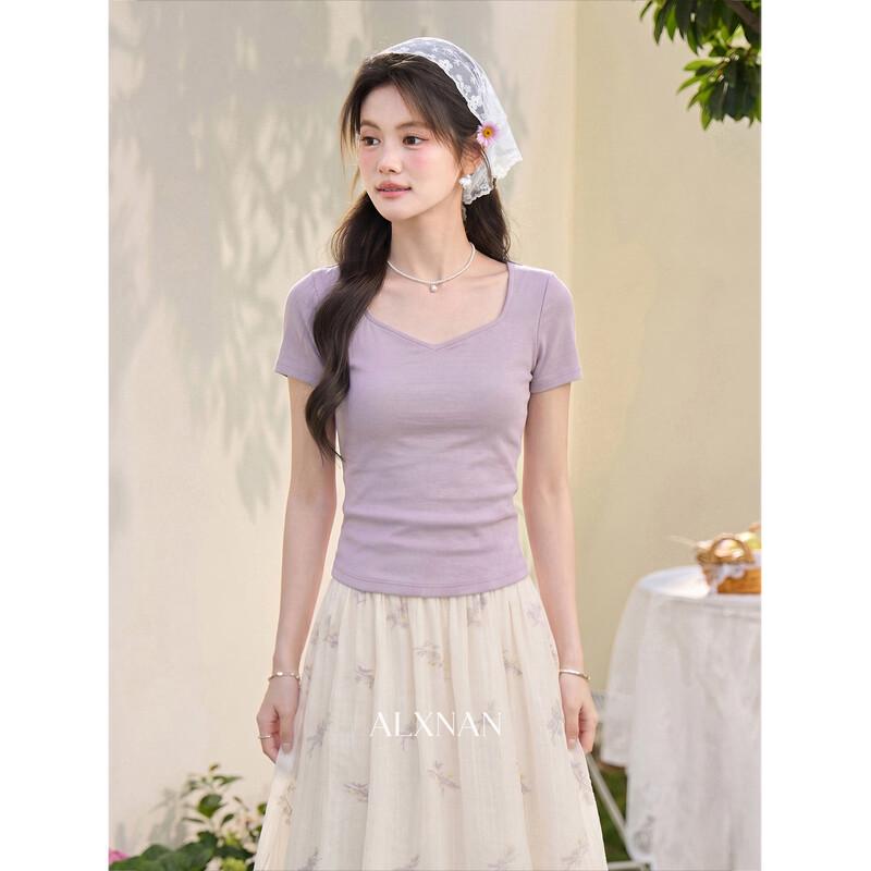 Women s Purple Square Neck Slim Fit T-shirt L фиолетовый