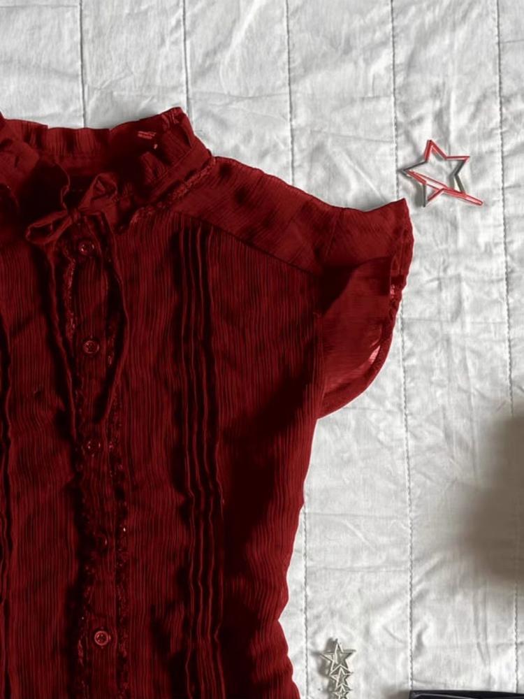2025 Spring Summer New Wine Red Ruffle Collar Shirt Women Vintage Design Slim Fit Casual Tops Elegant Style Korea Fashion Tops