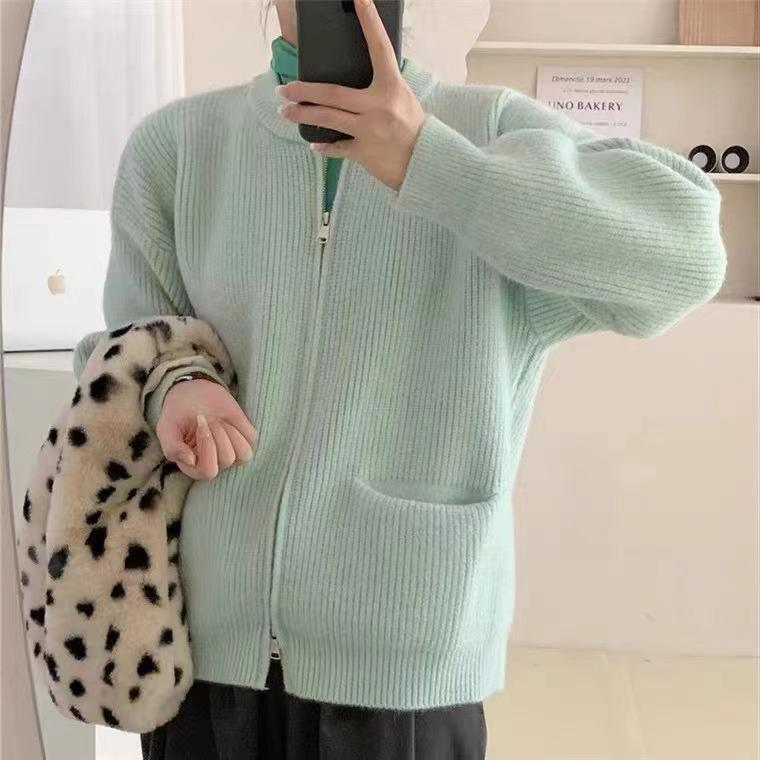 Double zipper solid color design sweater cardigan women's spring and autumn new Korean loose casual knitted sweater women