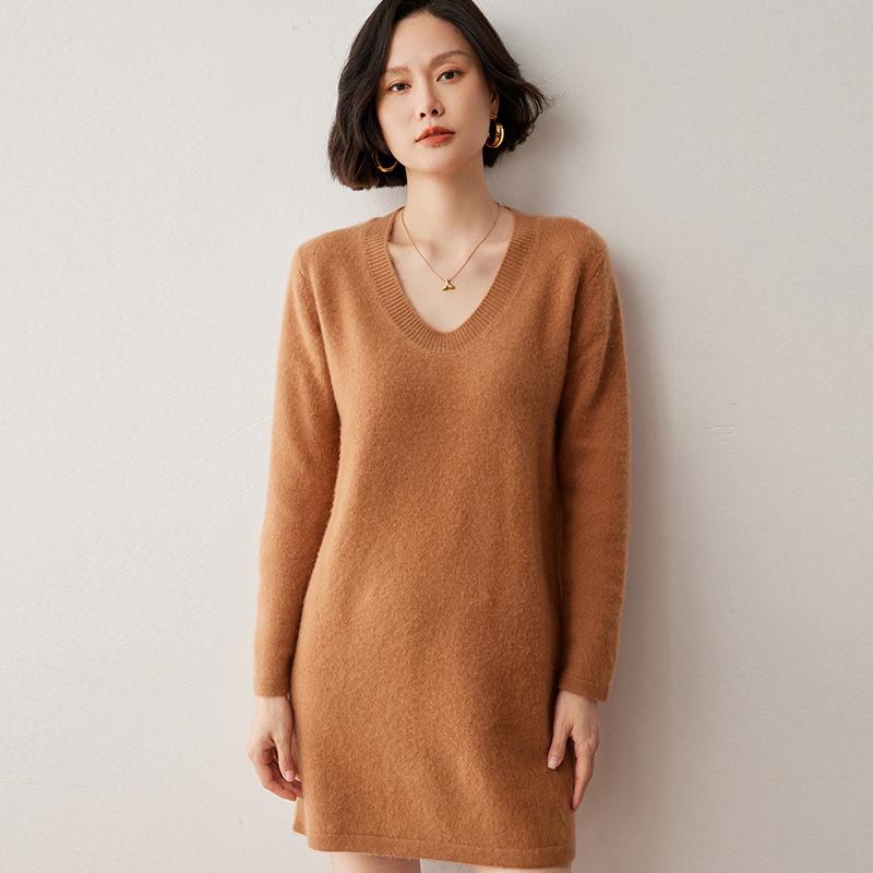 Cashmere Knit U-Neck Mid-Length Sweater Dress - Autumn/Winter Loose Fit Japanese Style.