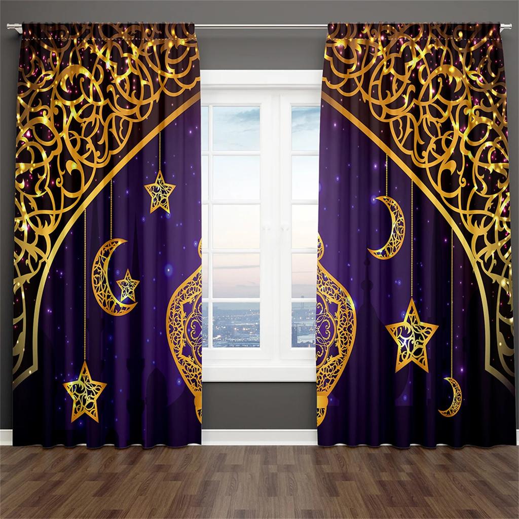 Ramadan Mond Kareem Lslamic Muslim Wandbild Eid Mubarak Kostenloser Versand 2 Stück dünne Fenster Vorhang für Wohnzimmer Schlafzimmer Dekor