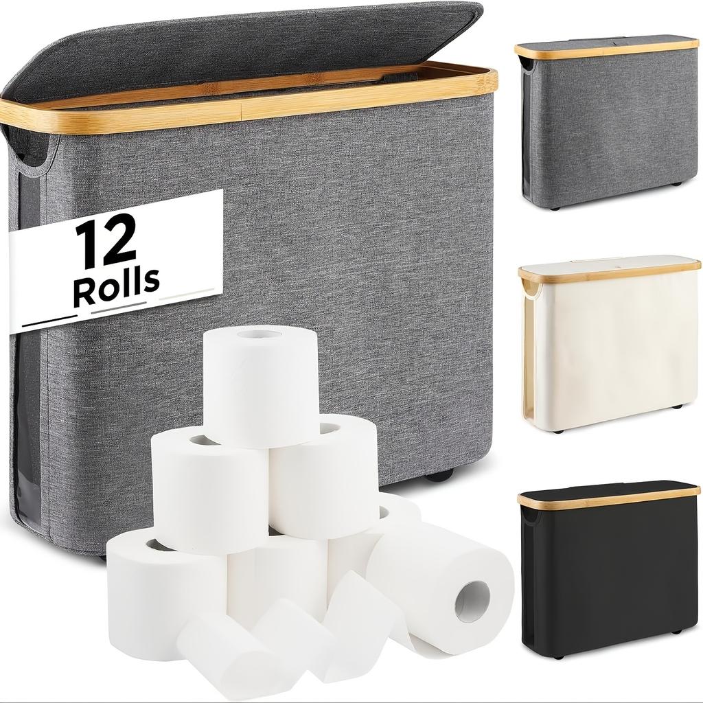 A Bamboo Toilet Paper Holder in A Bohemian Style Featuring A Storage Basket,Versatile Collapsible Basket Can Be Used for Laundry
