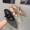 Fashion Ladies Shoes 2025 New Pointed Toe Women's Slippers Fashion Crystal Mesh Breathable Low Heel Sandals Summer Daily Dress Slippers