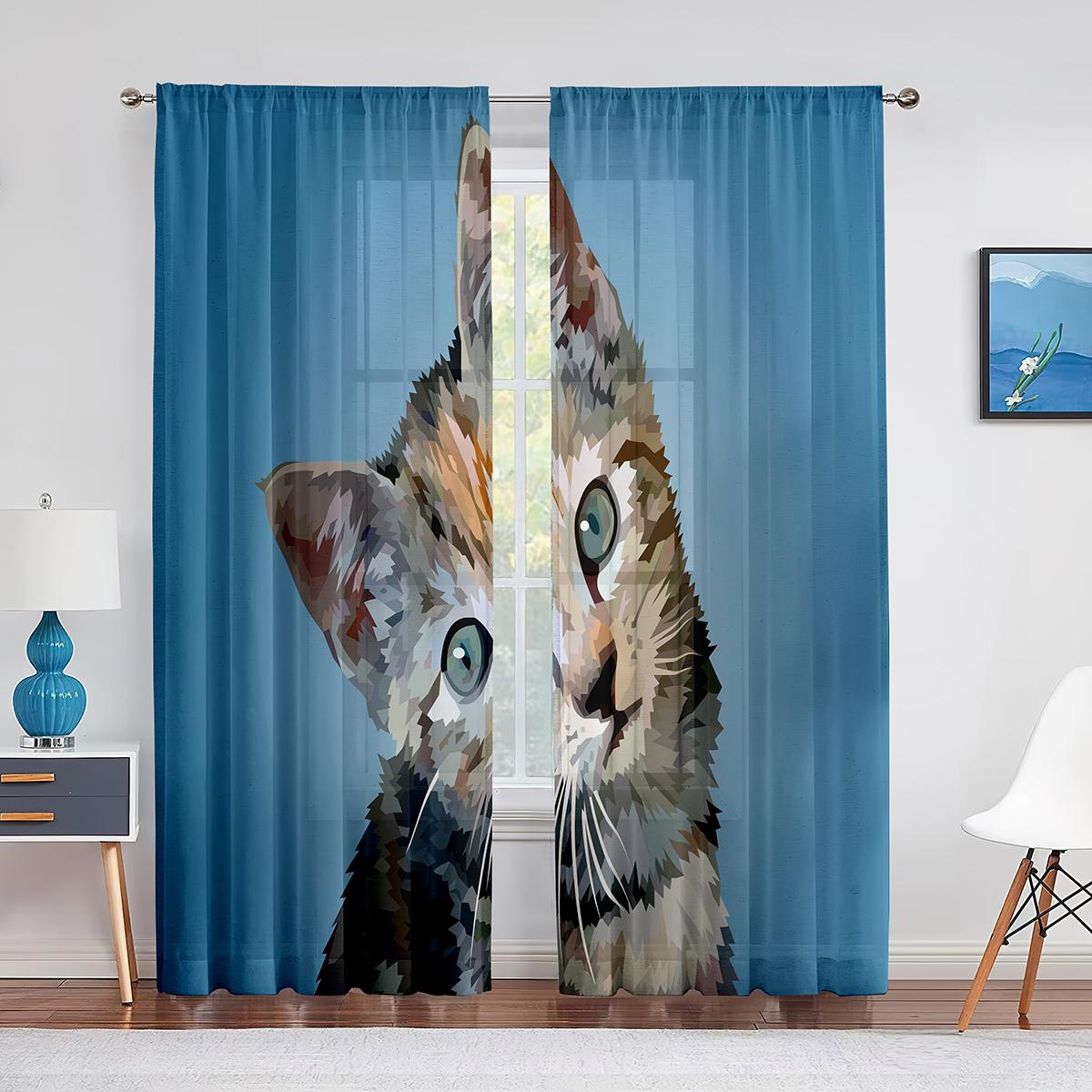 Милый кот акварельная живопись искусство цветочные прозрачные вуали шторы для спальни — фото 14