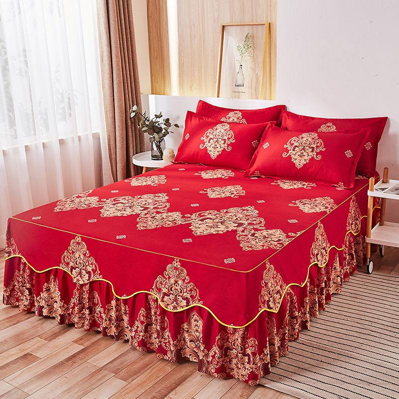 Floral Bedspread Brushed Sanding Bed Skirt King Queen Size Soft Comfortable Double Layer Bed Cover for Cozy Sleep