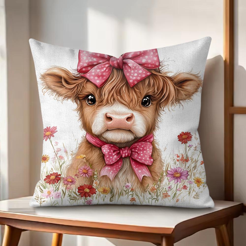 Highland cow  flower Cushion Cover Natural Linen Organic Fabric DoubleSided Printing Couch Pillow Covers Home Decor Gift