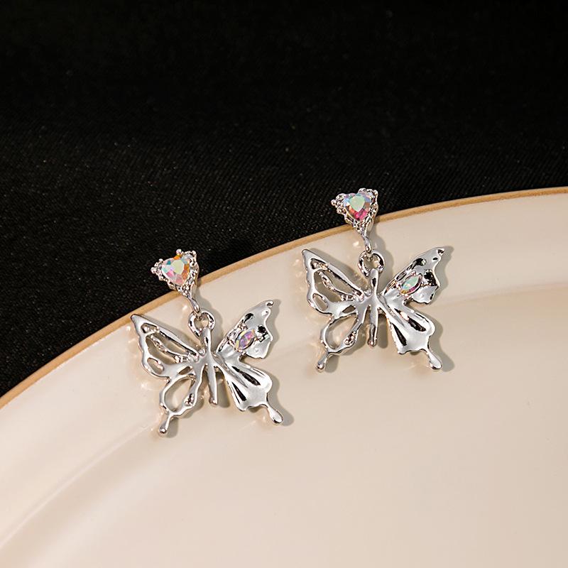 Colorful Love Crystal Stud Earrings, Fresh And Sweet Diamond Earrings, Light Luxury Hollow Butterfly Earrings