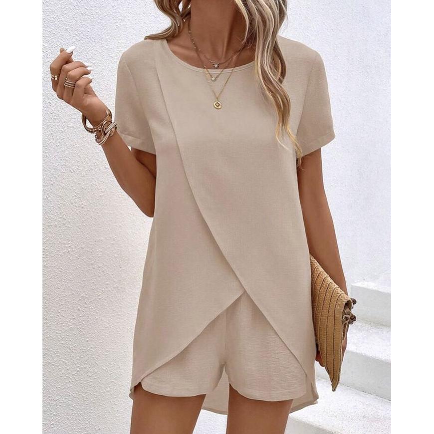 Women's Fashion Casual Round Neck Short Sleeved T-shirt Shorts Set Summer Irregular T Shirts Shorts Set Ladies Loose T-shirt Shorts Set
