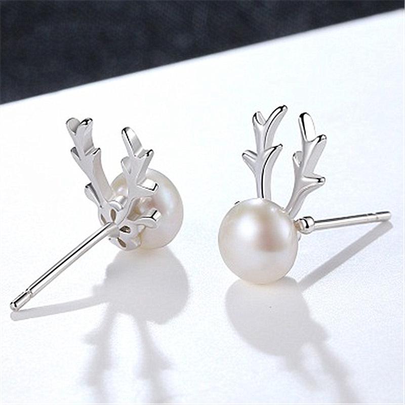 Silver Pearl Reindeer Antler Stud Earrings - Korean Christmas Style