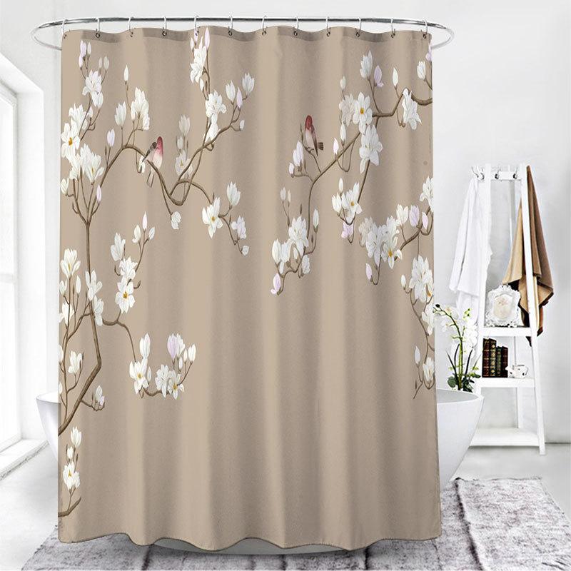 Duschvorhänge im chinesischen Stil mit Blumen und Vögeln, wasserdicht, Badezimmervorhang, 3D-bedruckter Stoff mit Haken, Dekoration, Duschvorhang