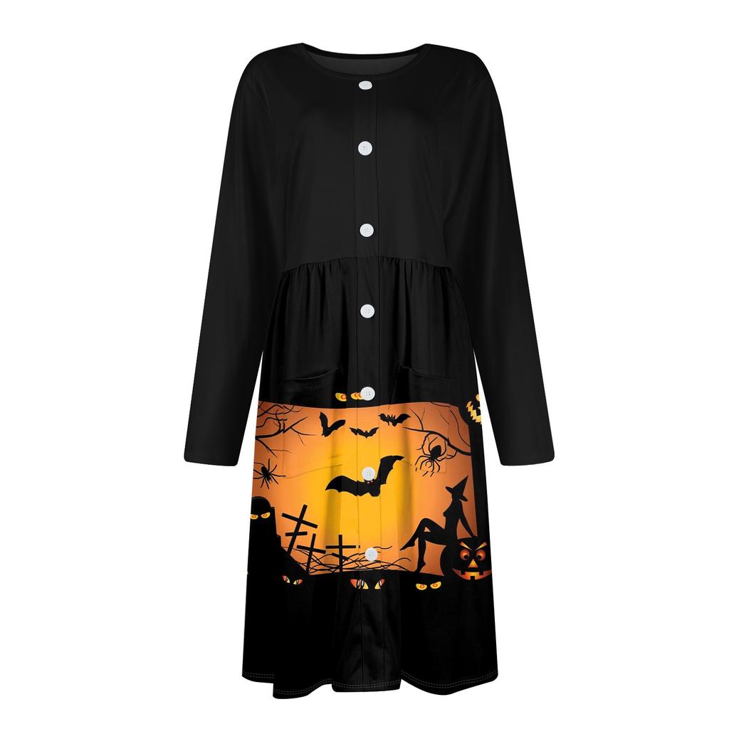 Women's Casual Fashion Sexy Comfortable Sundress Button Long Sleeves With Pockets Halloween Printed Dress