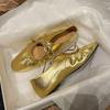 Niche Design Sense European and American Retro Straps Round Head Mary Jane Shoes Female Shallow Mouth Flat Bottom Fairy Pleated Gold Single Shoes