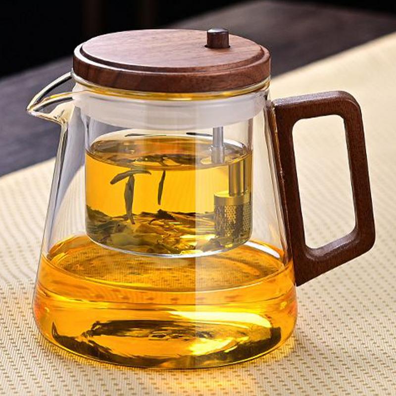 Glass Teapot with Wood Handle Filter Tea Pot Inner Tank Ergonomic Comfort Heat Resistant Tea Maker Kettle for Home Living Room