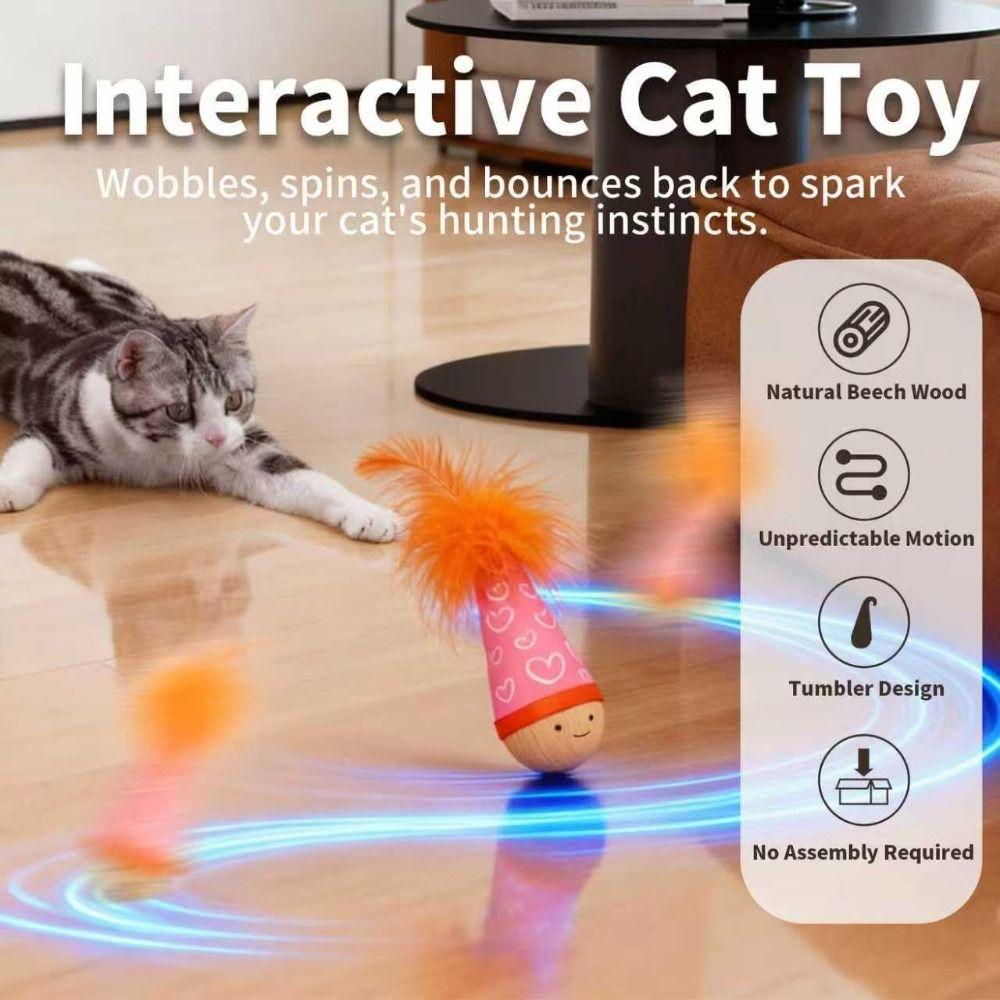 Wooden Cat Interactive Toy Self-Balancing Playing Teasing Cat Teaser Toy Funny with Orange Feather Pet Tumbler toy Pet Supplies