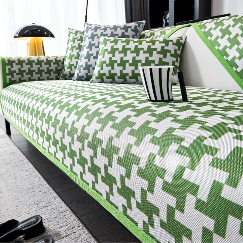 Summer Ice Silk Sofa Cushion Thousand Bird Check Living Room Sofa Cover Cooler Cushion Ice Rattan Anti-Slip Cool Feeling Sofa Se 70x70cm