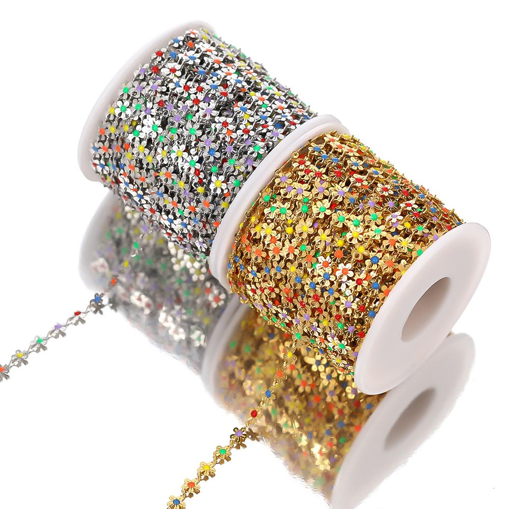 1M Goldfarbe Bunte Kette Edelstahl Emaille Blumenketten für DIY Schmuckherstellung Fußkettchen Armband Halsketten Zubehör