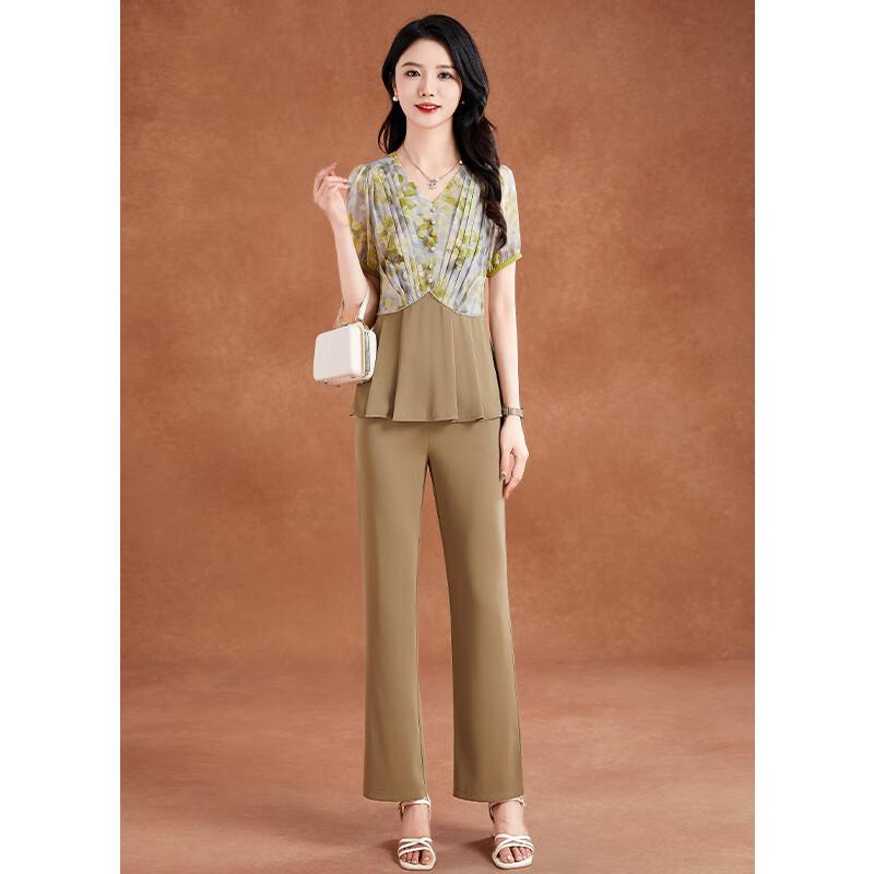Elegant Floral Ice Silk Two-Piece Set for Women 2XL