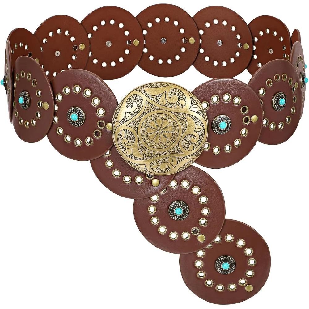 Exaggerated Wide Boho Disc Belt Rivet Carved Buckle Waist Belt Woman Vintage Belt  Dress Decoration