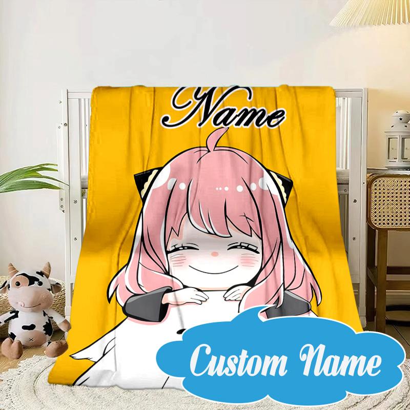 Custom Name Adventure Cute Anya Blanket bed sofa Blanket Flannel Blanket for Camping, Hiking, Picnic Essentials,gift for Fan family
