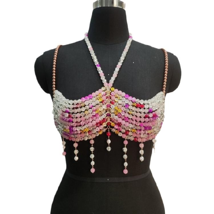 

Graduated Colorful Beads Harness Bra Chest Chain for Women’s Party and Beach Club Tassels Body Jewelry Bralette Crop Top 1