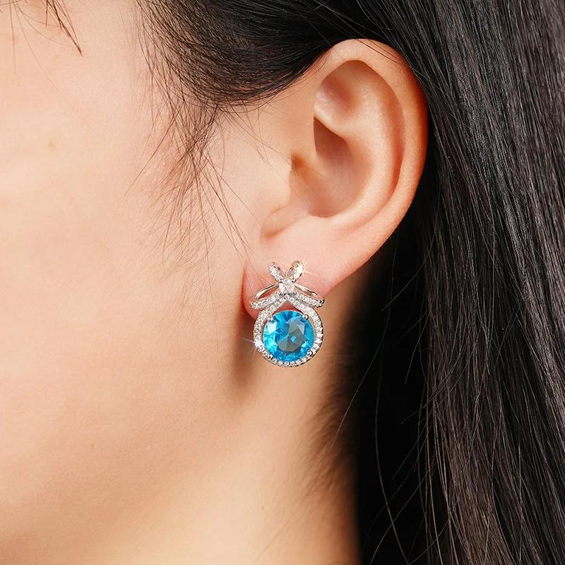 Sweet And Luxurious Jewelry, European And American Sparkling Personality, Bride'S Wedding, Blue Zircon Earrings