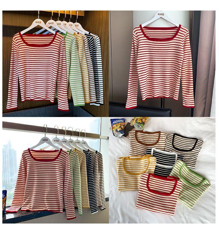 Women's Striped Knit Sweater: Stylish Square Neck, Slim Fit, Versatile for Autumn/Winter