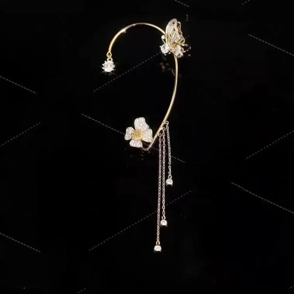 Shiny Zircon Butterfly Ear Cuff Gold Color Tassel Clip On Earrings For Women Korea Style Copper Earring Without Piercing Jewelry