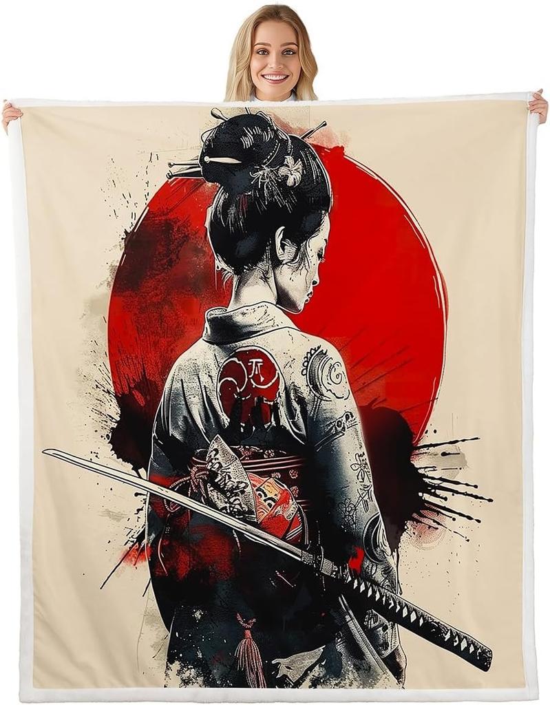 GUOYU Blanket Kids Japanese Geishas Fleece Throw Blanket Queen Boys Girls Cherry Blossoms Plush Blanket Japanese Style Sherpa Blanket Japanese